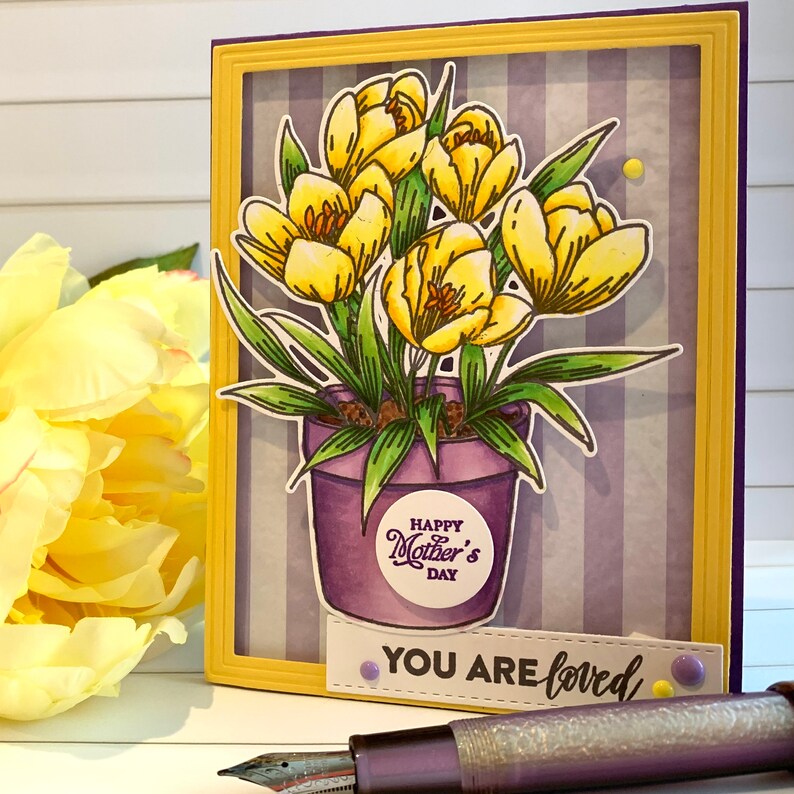 Mother's Day Card entirely hand made card with lovely crocuses, purple and yellow, beautiful floral card for mom aunt daughter grandmother image 1