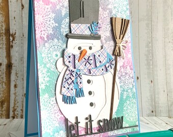Handmade Snowman Card - let it snow greeting card for winter, adorable notecard with snowflakes, frosty winter wishes, sending thoughts