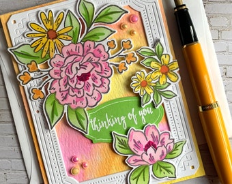 Thinking of You Greeting Card - bright, floral design, in citrus colors, for support, encouragement, illness, or sympathy, friend or family