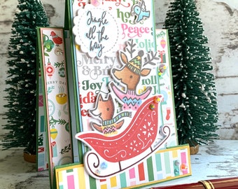 Jingle All the Way Christmas Card, featuring deer and fox in sleigh, fancy fold stepped design, really unique beautiful clever holiday card