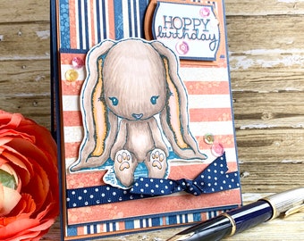 Handmade Birthday Card - entirely hand made card with hand stamped and colored bunny, hoppy birthday sentiment, blue orange stripes bright