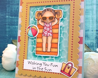 Fun Summer Card - handmade greeting card with a girl on a floatie in a pool, wishing you fun in the sun, welcome summer card, super cute