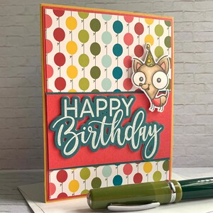 Chihuahua Birthday Card - entirely handmade greeting card featuring three adorable chihuahuas, bright lively colors, and an inside pop-up