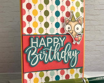 Chihuahua Birthday Card - entirely handmade greeting card featuring three adorable chihuahuas, bright lively colors, and an inside pop-up