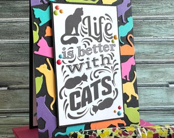 Life Is Better With Cats Greeting Card – Colorful Cat Silhouettes