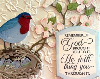 Encouragement Greeting Card - Thinking of You, Religious Support, God will bring you through it, bird with nest and eggs, dogwood branch