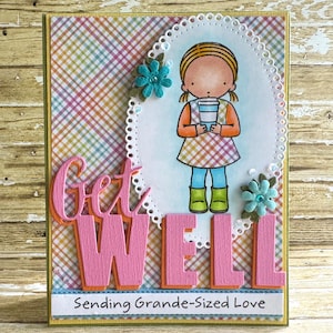 Coffee Themed Get Well Card - little girl holding coffee cup, get well soon, speedy recovery, thinking of you, feel better, sending love