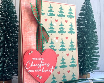 Handmade Rustic Christmas Card - charming country greeting card featuring hand stenciled trees and hearts, welcome Christmas into your heart