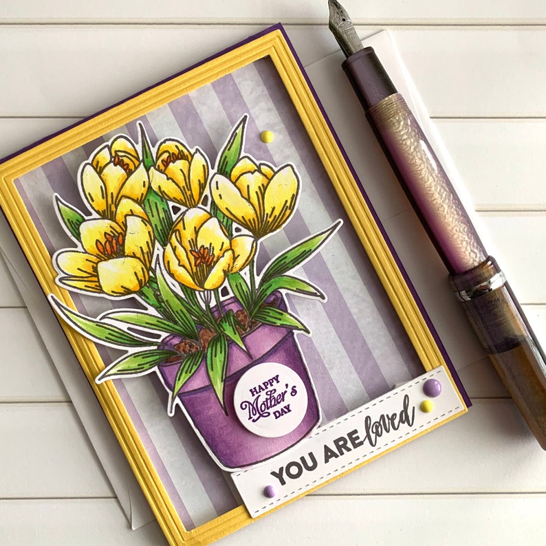 Mother's Day Card entirely hand made card with lovely crocuses, purple and yellow, beautiful floral card for mom aunt daughter grandmother image 5
