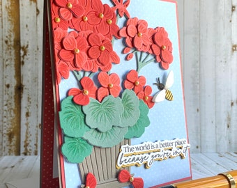 Handmade Geranium Gratitude Card – Friendship, Love & Bee