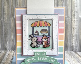 Handmade Interactive Birthday Card – Bunny and Fox Treat Cart