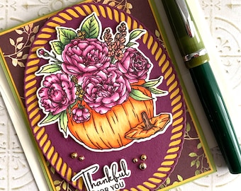 Floral Pumpkin Thankful For You Greeting Card - autumn / fall card for gratitude or appreciation, handmade, thanksgiving, really unique