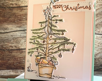 Handmade Christmas Card - featuring adorable image of naughty cat climbing a Christmas tree, storybook style tree cat and mouse, merry