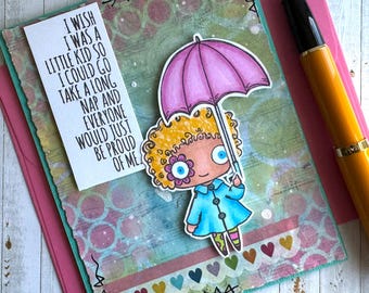 Funny Handmade Greeting Card – Little Girl with Umbrella, Nap Sentiment