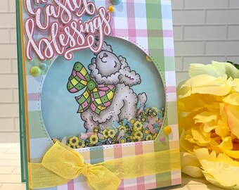 Handmade Easter Card - shaker card with lamb, Easter blessings, whimsical cheerful greeting card for family or friend, gender neutral