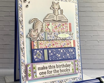 Birthday card for book lovers and cat lovers, handmade greeting card, Make this birthday one for the books, gray tabby cats, avid reader