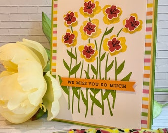 Missing You Card - we miss you so much, bright summer card with hand stamped flowers, for someone you miss, mother daughter or grandmother