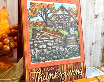 Handmade Thanksgiving Card, lovely fall farm scene, autumn colors, sending harvest wishes friend or family, happy thanksgiving greeting card