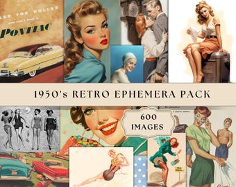 Paquet d&#39;éphémères de journal indésirable des années 1950 | 600 pages | Kit de scrapbooking numérique imprimable, images rétro, pin-up, photographies, publicités vintage