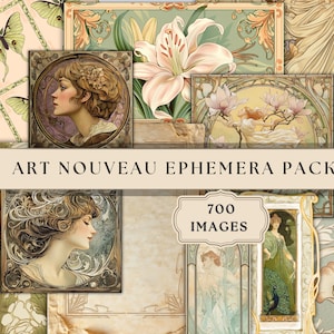 Jugendstil Junk Journal Ephemera Pack | 700 Seiten | Druckbares digitales Scrapbook-Kit, Verträumte Vintage Kunstbilder, Vintage Alphonse Mucha Kunst