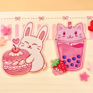Cute pink Cat Boba tea and Macaron Bunny Vinyl stickers