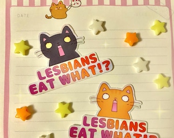 May include: Two die-cut stickers featuring cartoon cats with wide-eyed, shocked expressions. One cat is black and the other is orange. Both stickers include the text LESBIANS EAT WHAT!? in a gradient orange to pink font on a white background.