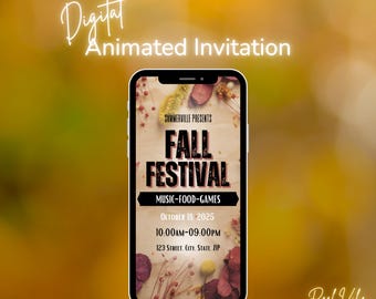 Editable Fall Festival Invitation Template | Digital Autumn Event Flyer for Music, Food & Games | Animated Canva Design for Community Events