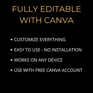 May include: Black background with gold text that reads "FULLY EDITABLE WITH CANVA." Bullet points below state: "CUSTOMIZE EVERYTHING," "EASY TO USE - NO INSTALLATION," "WORKS ON ANY DEVICE," and "USE WITH FREE CANVA ACCOUNT."
