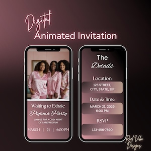 Könnte beinhalten: Digitale animierte Einladung für eine Pyjamaparty. Die Einladung zeigt zwei Smartphone-Mockups. Eines zeigt drei Frauen in rosa Pyjamas, das andere zeigt Eventdetails: Datum, Uhrzeit, Ort und RSVP-Informationen.