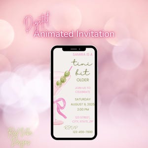 May include: Digital animated invitation on a smartphone screen. The invitation features a martini glass with olives and a pink ribbon. Text includes "Samira is a tini bit older" and event details.