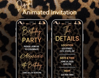 Bearbeitbare Geparden-Druck-Geburtstagseinladung, animierte Geburtstagsessen-Evite-Vorlage, digitale Leopard-Party-Einladung, wilder Geburtstag einladen