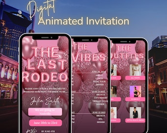 Plantilla de invitación animada editable para despedida de soltera / Tema de Nashville: El último rodeo / Itinerario de fin de semana del Oeste rosa / Descarga digital de Canva