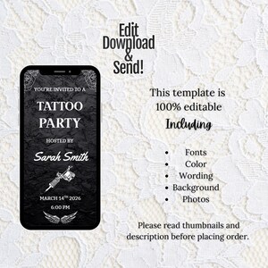 Editable tattoo party invitation Canva template showing edit, download, and send features, customizable fonts colors wording and photos