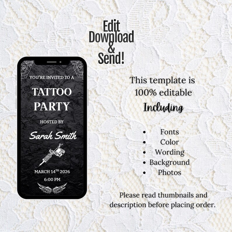 Editable tattoo party invitation Canva template showing edit, download, and send features, customizable fonts colors wording and photos