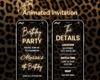 Editierbare Leopard Print Geburtstagseinladung Video Vorlage | Animierte Geburtstagsparty Evite | Wild Animal Print Einladen | Jedes Alter Einladung