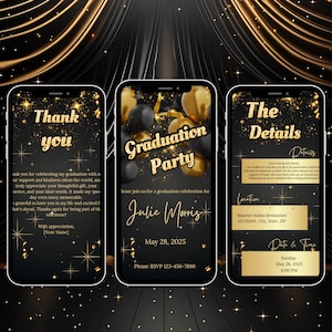Puede incluir: Una invitación a una fiesta de graduación negra y dorada con un diseño de teléfono inteligente. La invitación incluye un mensaje de agradecimiento, detalles sobre la fiesta y un número de RSVP. El texto dice "Gracias", "Fiesta de graduación", "Julie Morris", "28 de mayo de 2025", "Por favor, RSVP 123-456-7890", "Los detalles", "Ubicación", "Restaurante italiano Maurice", "123 Street, City, State, ZIP", "Fecha y hora", "Domingo", "28 de mayo de 2025", "4:00 PM".