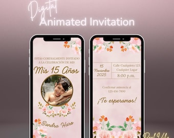 Cyfrowy szablon zaproszenia na Quinceañera | Zaproszenie animowane Mis 15 Años w różowe kwiaty | Edytowalne pobranie Canva Fiesta de Quince
