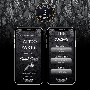 Tattoo party digital invitation bundle with two animated Canva templates, black lace background, phone format video invitation