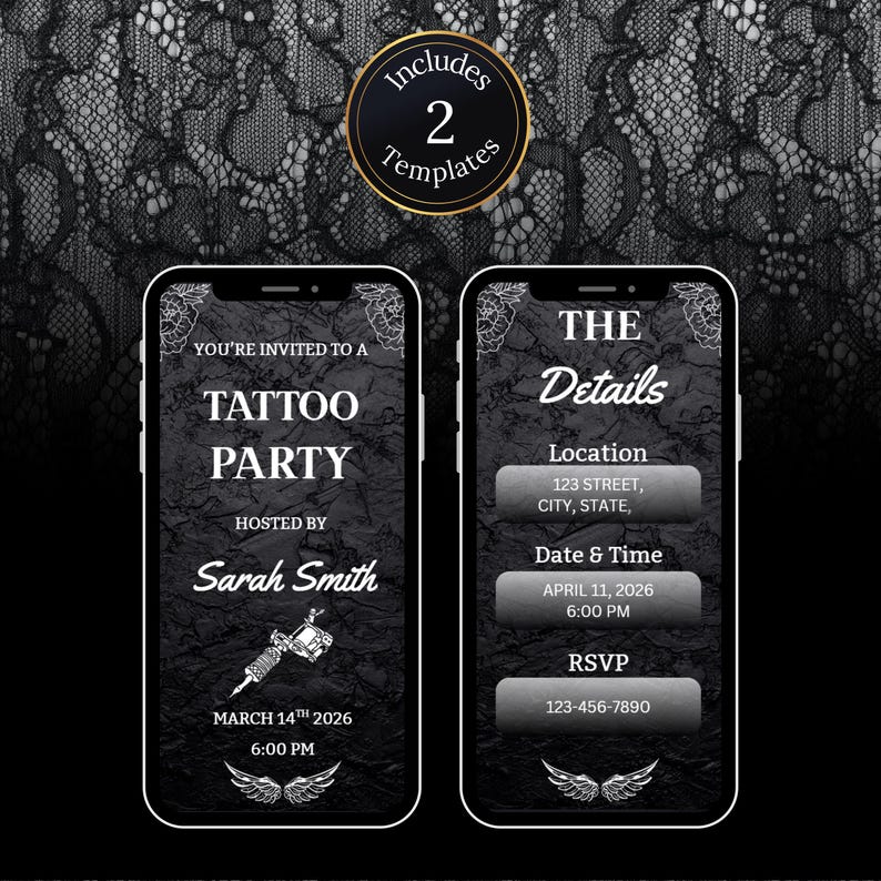 Tattoo party digital invitation bundle with two animated Canva templates, black lace background, phone format video invitation
