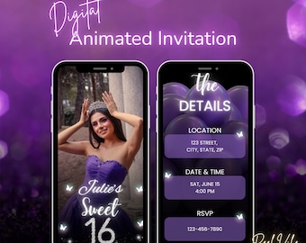 Purple Sweet 16 Animated Invitation, Digital Sweet Sixteen Birthday Party Invite, Editable 16th Birthday Evite, Purple Teen Girl Template