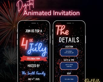 Editable July 4th Fireworks Invitation | Animated 4th of July BBQ or Bonfire eVite | Digital Independence Day Party Invite Template
