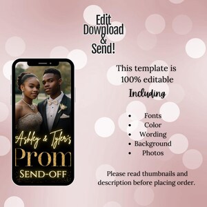 Editable Canva prom send-off invitation with black and gold design, pink background and checklist of customization features like fonts, colors, and photos.