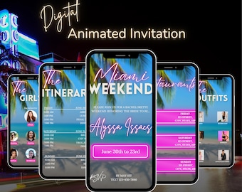 Miami Girls Trip Invitation & Itinerary | Animated Digital Bachelorette or Birthday Weekend Planner | Editable Canva Template