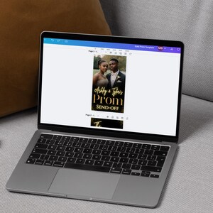 Prom invitation template in Canva editor shown on a laptop screen, featuring black and gold design for digital prom party send-off.
