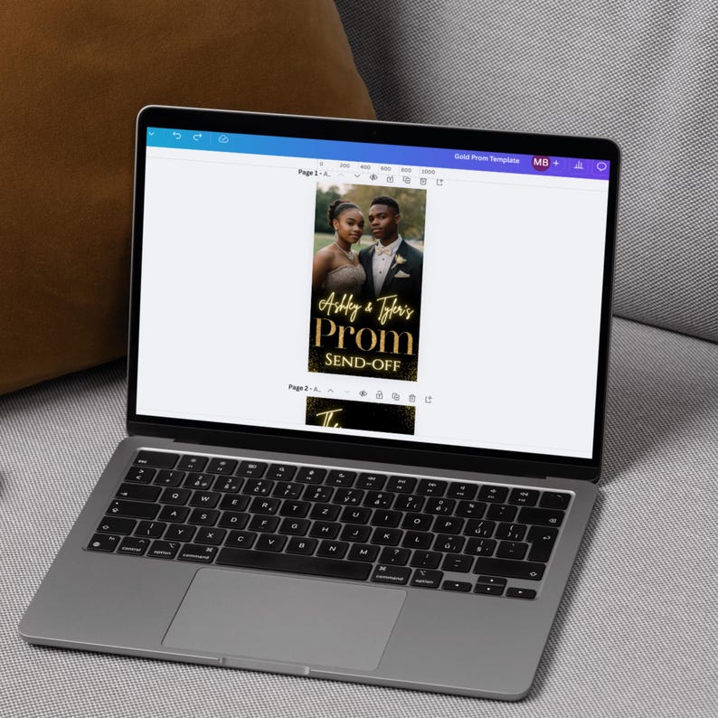 Prom invitation template in Canva editor shown on a laptop screen, featuring black and gold design for digital prom party send-off.