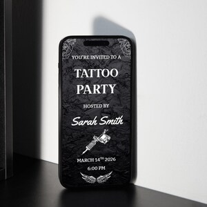 Tattoo party animated video invitation on smartphone mockup, dark textured background, modern edgy digital invite for tattoo celebration