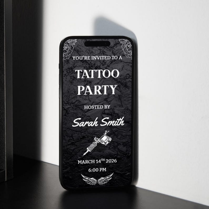 Tattoo party animated video invitation on smartphone mockup, dark textured background, modern edgy digital invite for tattoo celebration