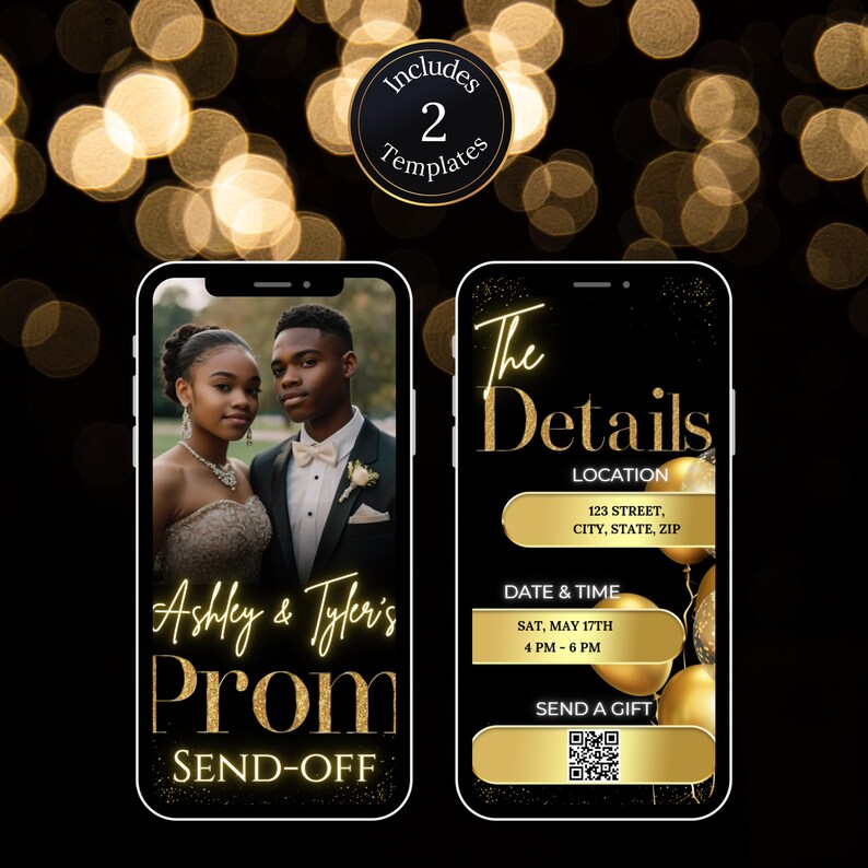 Digital prom invitation video template in black and gold with glam bokeh background, showcasing 2 editable Canva templates for prom night celebration.