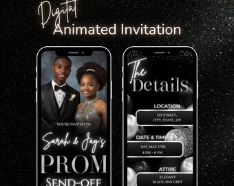 Editable Animated Prom Send-Off Invitation Template | Black & Silver Digital Party Invite | Customizable Canva Design for Prom Celebration
