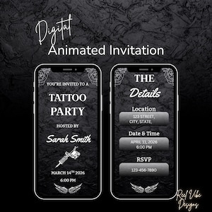 Digital animated tattoo party invitation template displayed on smartphones, black gothic design with tattoo machine illustration, editable Canva video invite